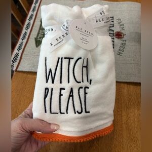 Rae Dunn White Hand Towel with Black 'Witch, Please' Embroidery and Orange Trim